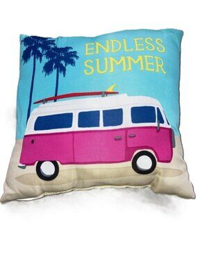 ENDLESS SUMMER Retro Van Surfboard on the Beach Throw Pillow 16 x 16 inches